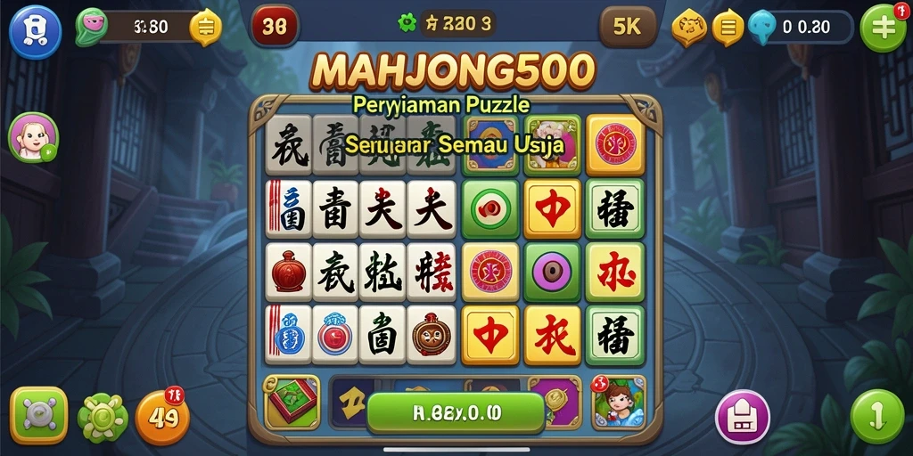 Screenshot gameplay MAHJONG500 dengan kombinasi simbol yang menarik.