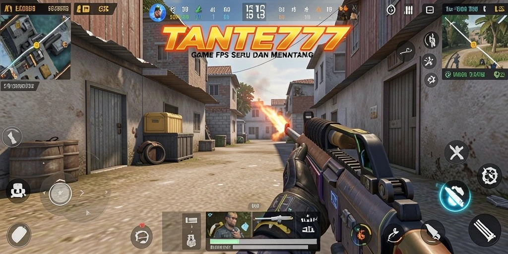 Screenshot utama TANTE777 menampilkan aksi menembak yang intens.