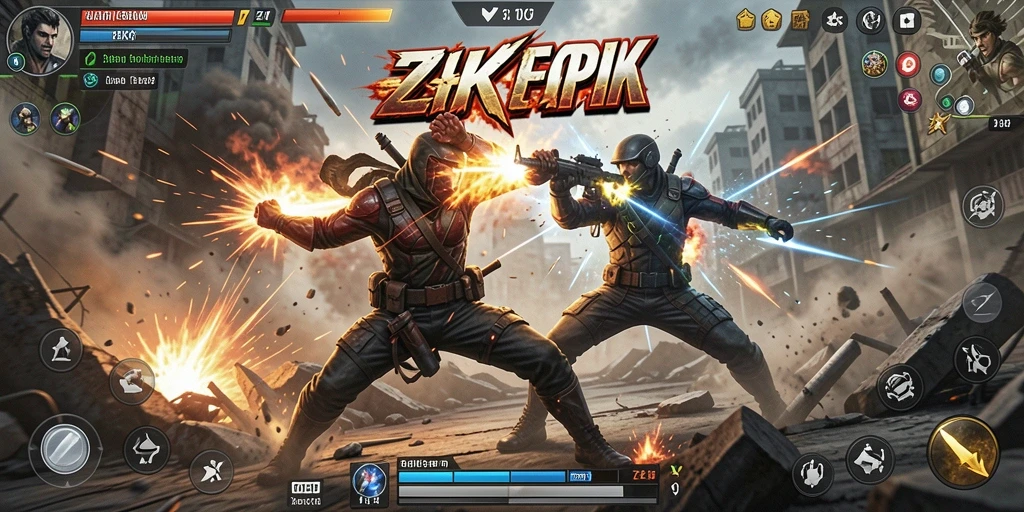 Screenshot gameplay ZK7 menunjukkan pertarungan aksi yang mendebarkan.